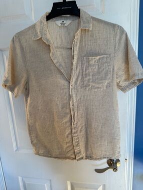 H&M Natural Beige Short-Sleeve Linen Blend Button-Down Shirt